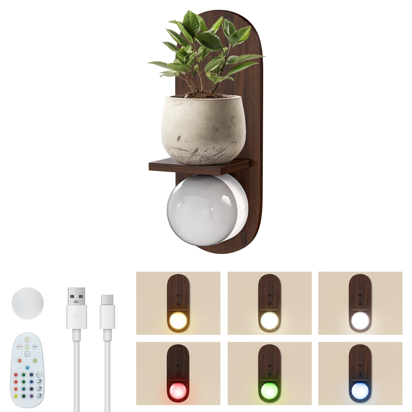 Floating Shelves for Wall Decor with Rechargable LED Bulb, Remote Control  2 PCS Wood Wall Sconce Battery Operated for Wall Decor,Walnut