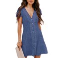 thumbnail image 1 of VISgogo Mini vestido de mujer, manga corta, cuello en V, cierre de botones, estampado de puntos, vestido de verano para uso diario informal VISgogo  moda, 1 of 2