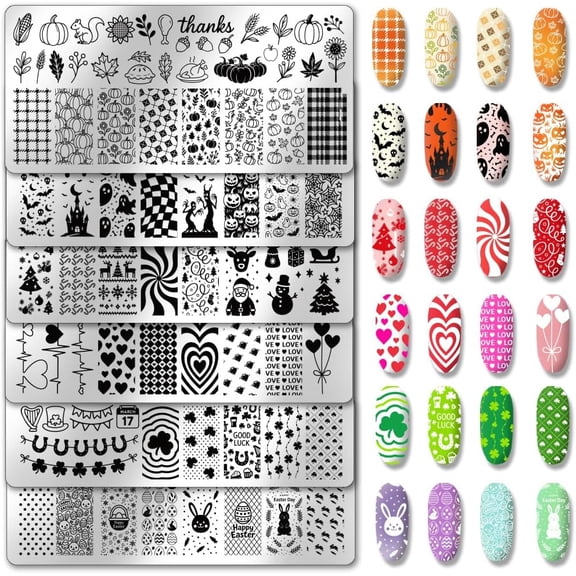 6pcs Festival Nail Stamping Plate Thanksgiving Nail Art Templates Christmas Mother's Day Valentine St. Patrick's Day Easter Stencils Stainless Steel Image Plates for Women diy