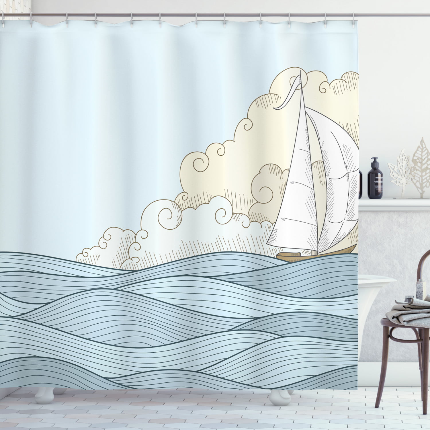 Ocean Sailboat Cloud Bathroom Mat Shower Curtain 100% Polyester Waterpoof Fabric 