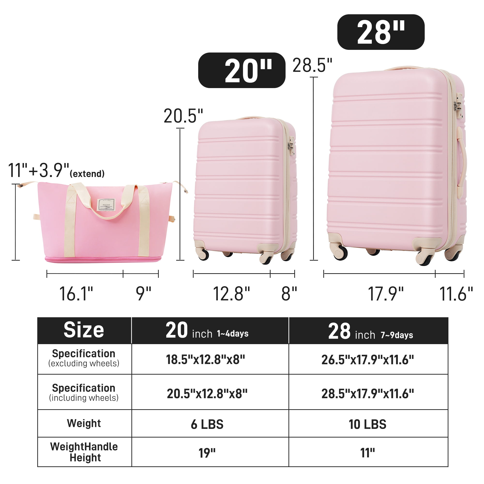 MAYEERTY 3-Piece Hardside Luggage Set - Lightweight Expandable ABS with TSA Lock & Spinner Wheels, 20"+28"+Duffel Bag