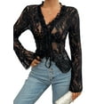 thumbnail image 2 of Women'S V Neck Lace Sheer Top Mesh See Through Shirts Open Front Tie Long Sleeve Blouses Y2k Going Out Tops Blue XL, 2 of 10