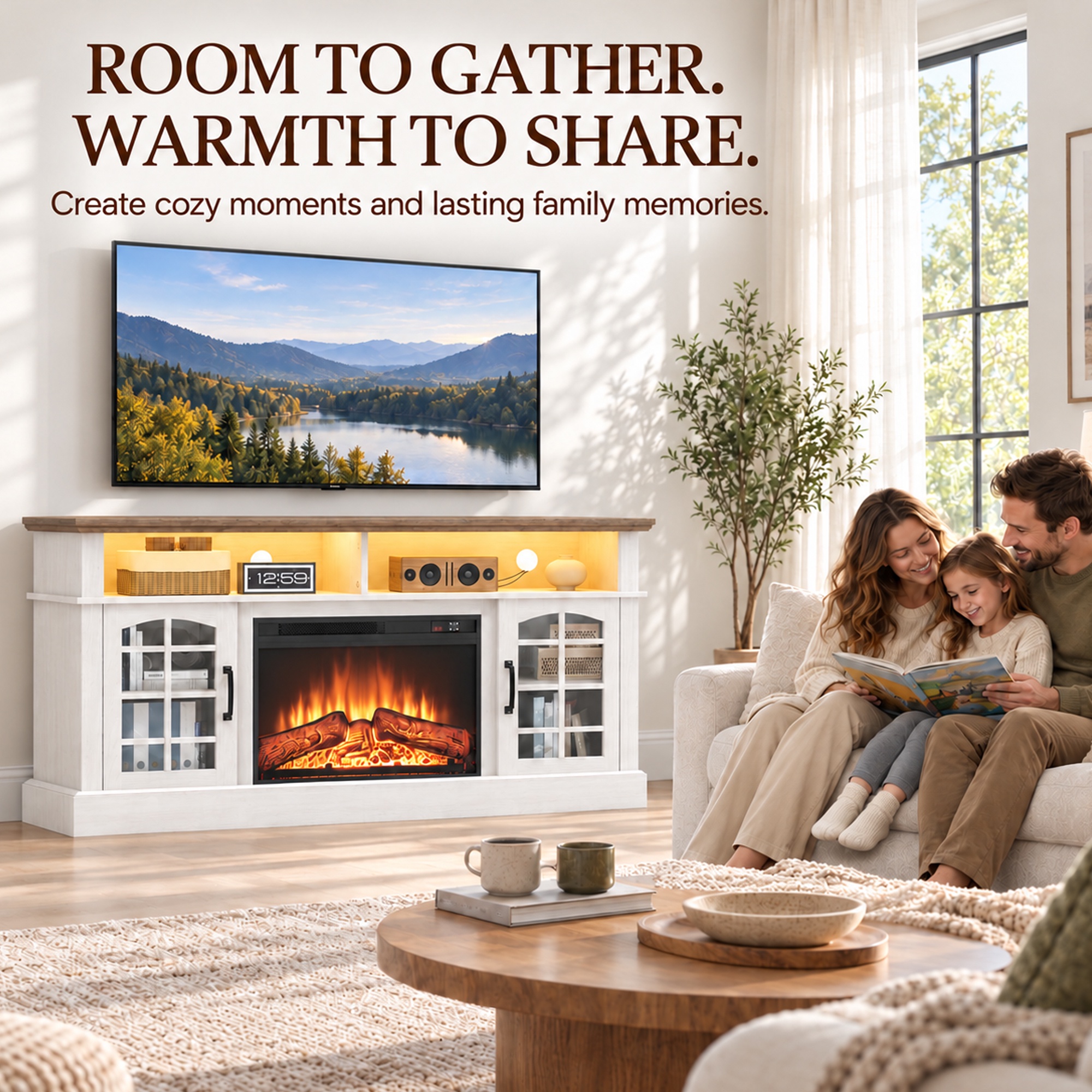 Paproos 65" Electric Fireplace TV Stand with LED Lights, Brown photo 8