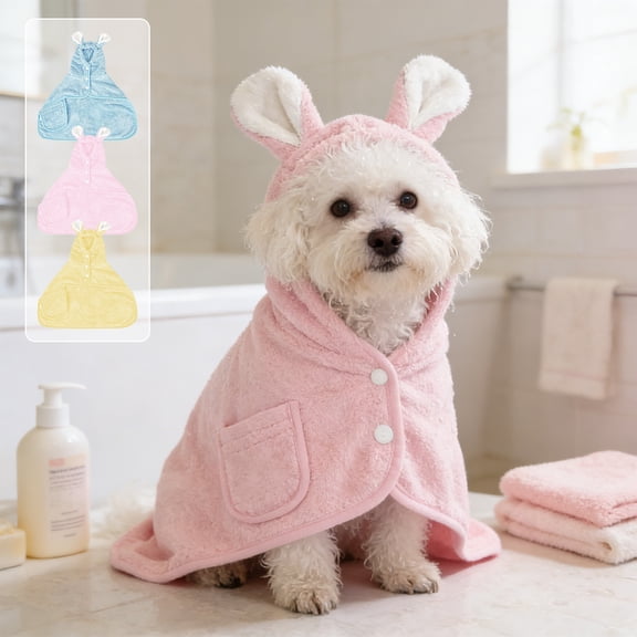 Pet Hooded Bathrobe for Dogs Cats Fast Dry Towel Wrap with Elastic Strap Breathable Soft Drying Coat for Home Travel Grooming