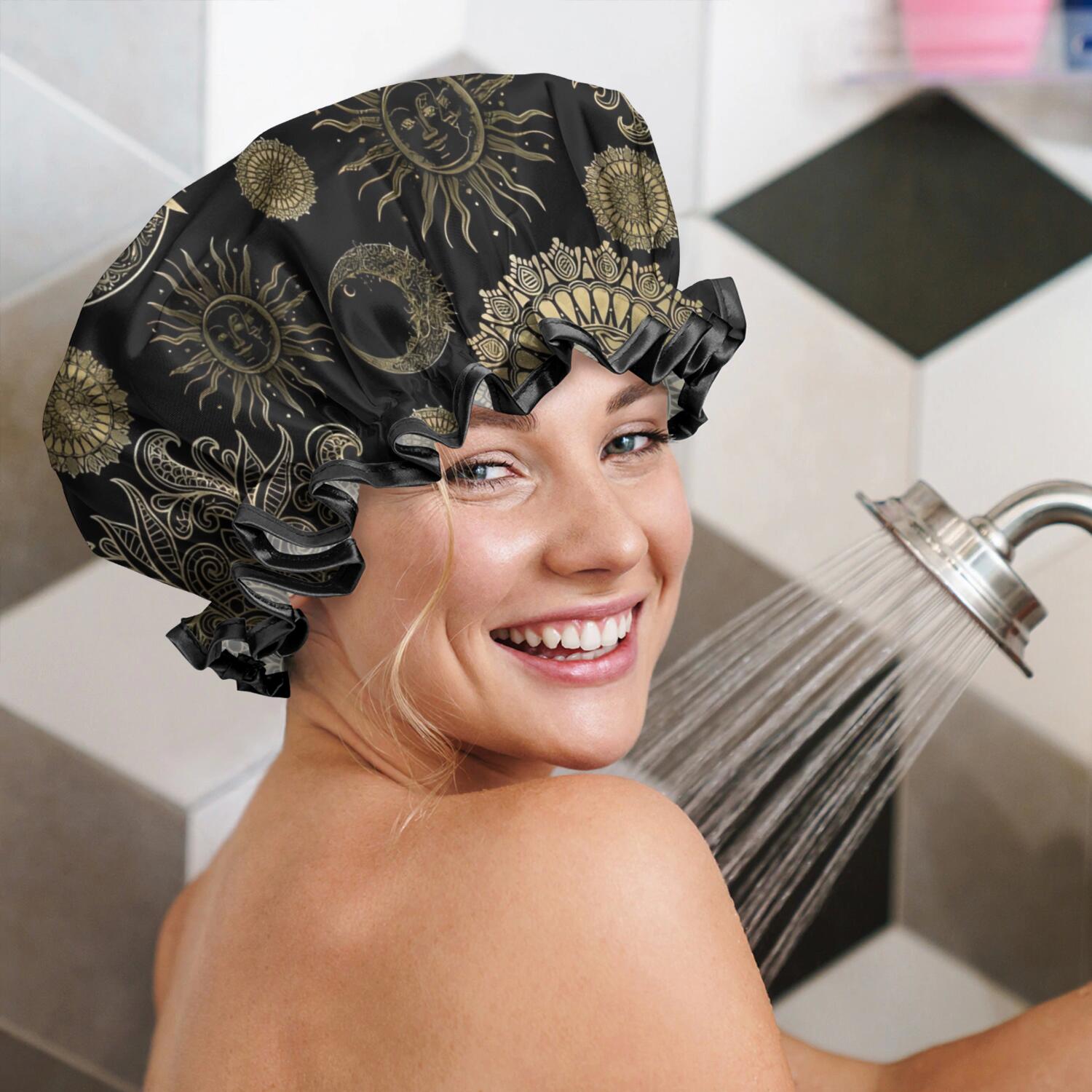 Shower Caps,Black Gothic Sun Moon Pattern Waterproof Shower Cap for Women 4 Pieces,Double Reusable Hair Cover for Shower PEVA Elastic Stretch Hem