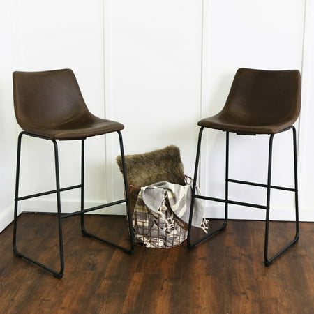 Modern Style Bar - Walker Edison Modern Faux Leather Bar Stool, Set of 2 - Brown