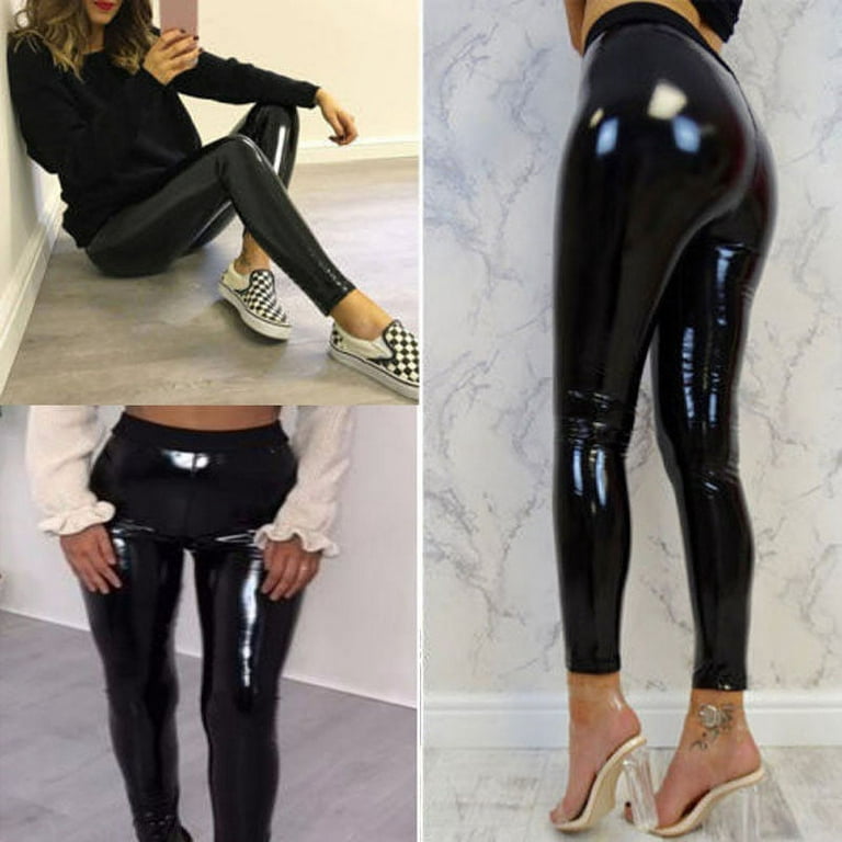 Nokiwiqis Women Sexy PU Leather Pants Slim Shiny Wet Look Pencil Trouser 