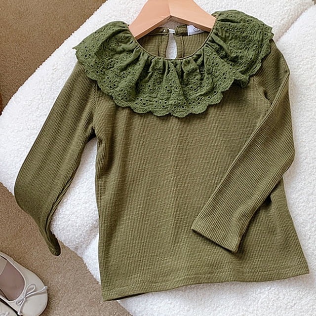 Blusa de primavera para niños, camisa básica con dobladillo con volantes y cuello de muñeca para niñas, camiseta de manga larga, ropa para niños con capa interior de moda