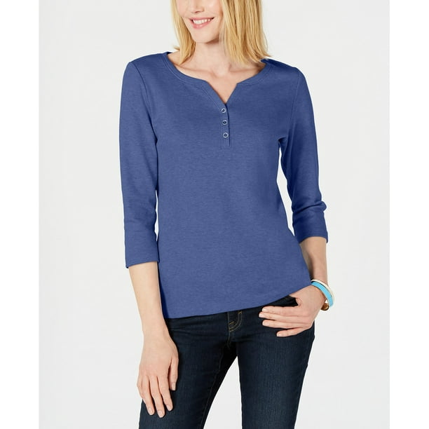 Karen Scott Karen Scott Women's Cotton Henley Top, Heather Indigo Small NEW