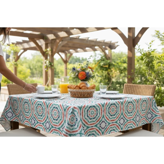 Serafina Home Tie Dye Orange Aqua Blue Flannel Back Vinyl Tablecloth: Fun Easy Clean Table Cover for Cookout Picnics Home Kitchen Office Business (52" x 70" Inch)