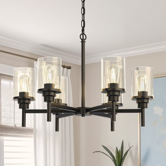 YANSUN 6-Light Black Farmhouse Chandelier Adjustable Height with Clear Glass Shades for Kitchen Island Dining Room Living Room