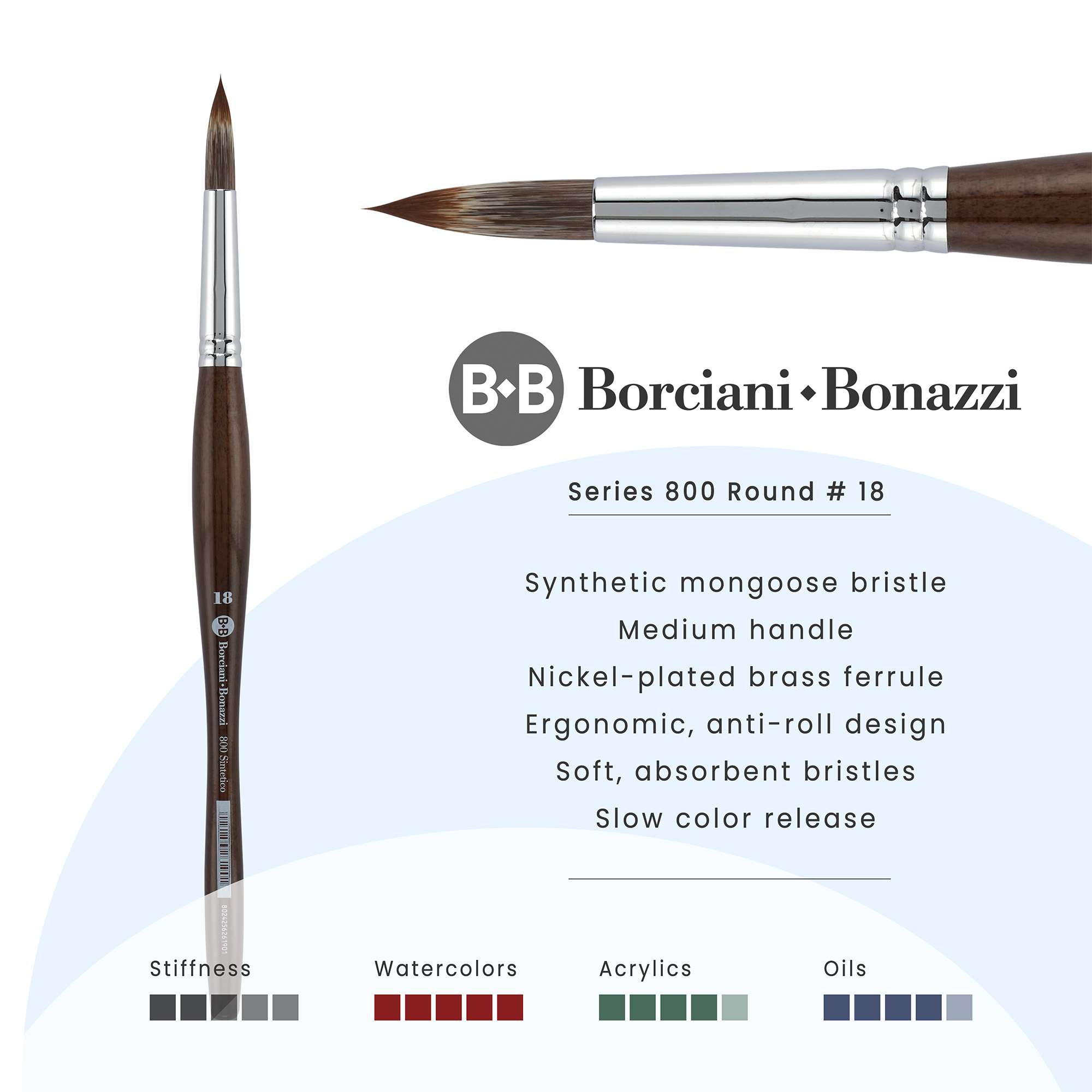 Borciani e Bonazzi Unico Synthetic Mongoose Artist Paint Brush - Series 800 Round - Size #18 - Watercolors, Oil & Acrylic Paint - Handcrafted in Italy, Anti-Roll Design, Ergonomic Medium Handle