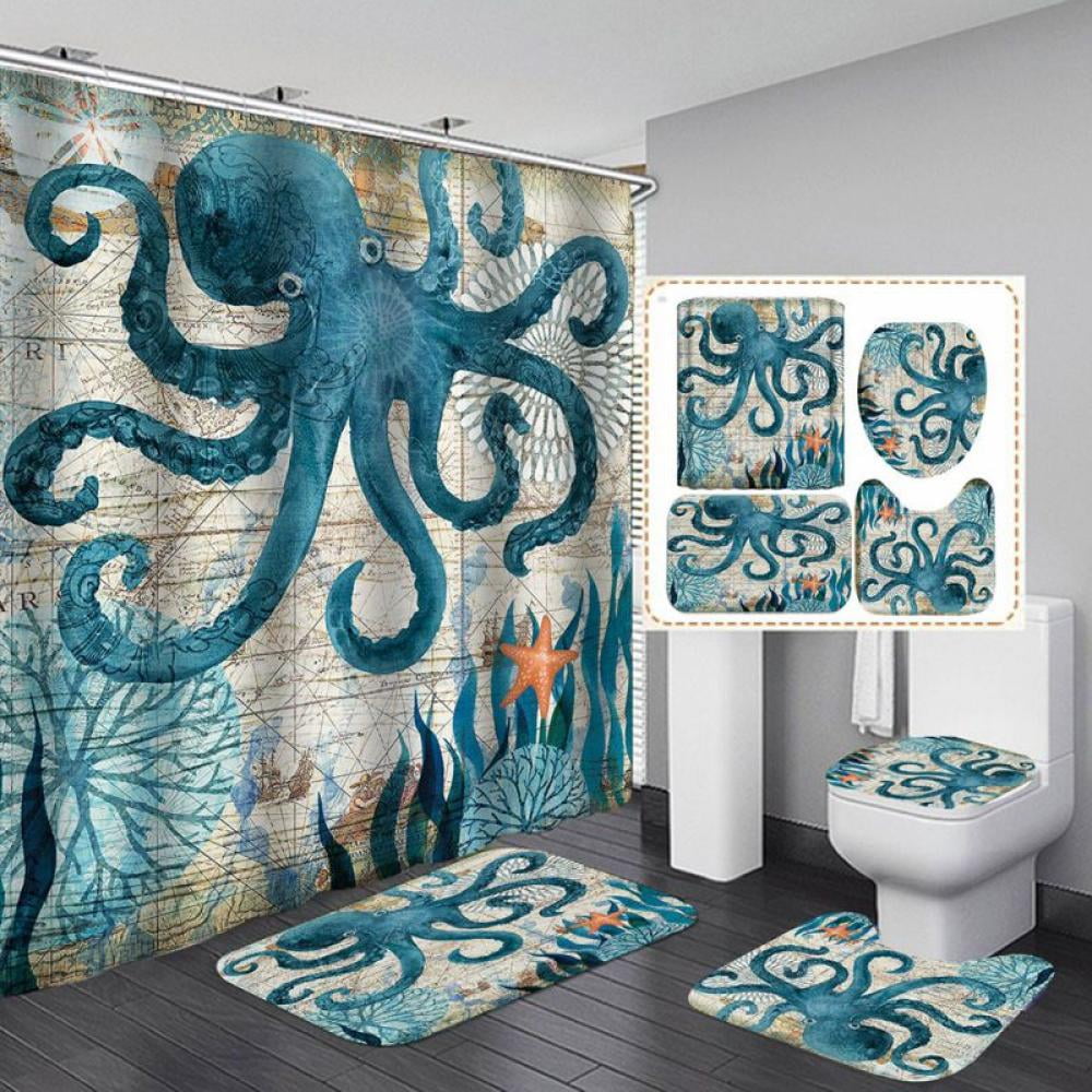 Octopus Bathroom Shower Curtain 12 Hook Waterproof Bath Mat Lid Toilet Cover Rug 