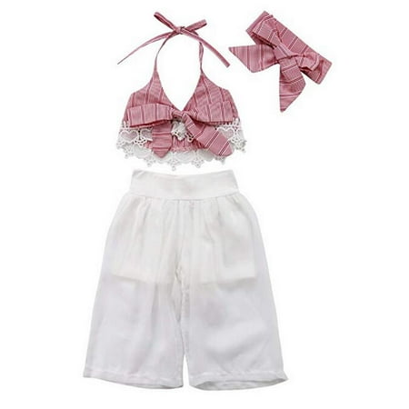 

Baby Girl Lace Stripe Bowknot Halter Crop Top Wide Leg Pant with Headband