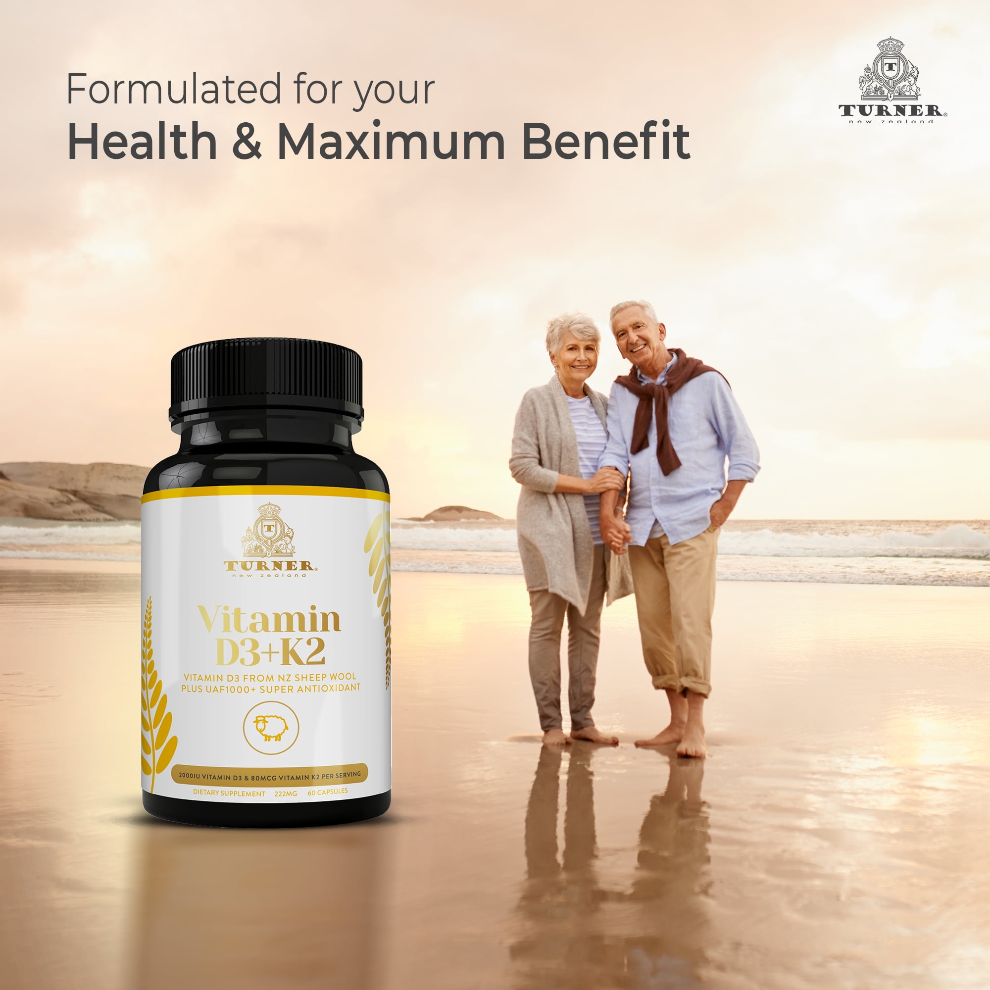 TURNER Grass-Fed Vitamin D3 and K2 Antioxidants Supplement, 60 Capsules