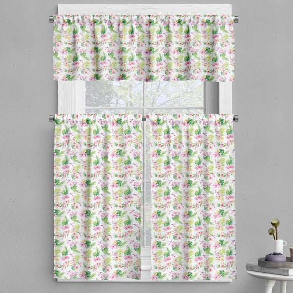 Ambesonne Luau Valance & Curtain, Hawaiian Hibiscus Leaves, 55"x45", Pale Pink Yellow Green