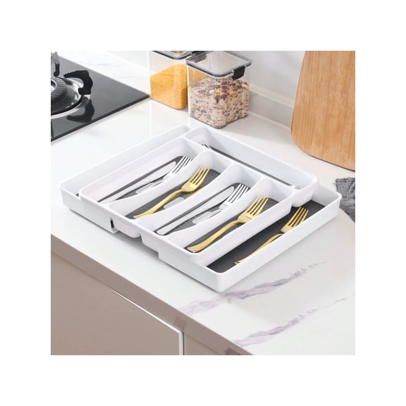Large Expandable Silverware Drawer Organizer - 7 Compartment Adjustable Cutlery Tray, Non-Slip Kitchen Utensil Organizer for Drawers (White)