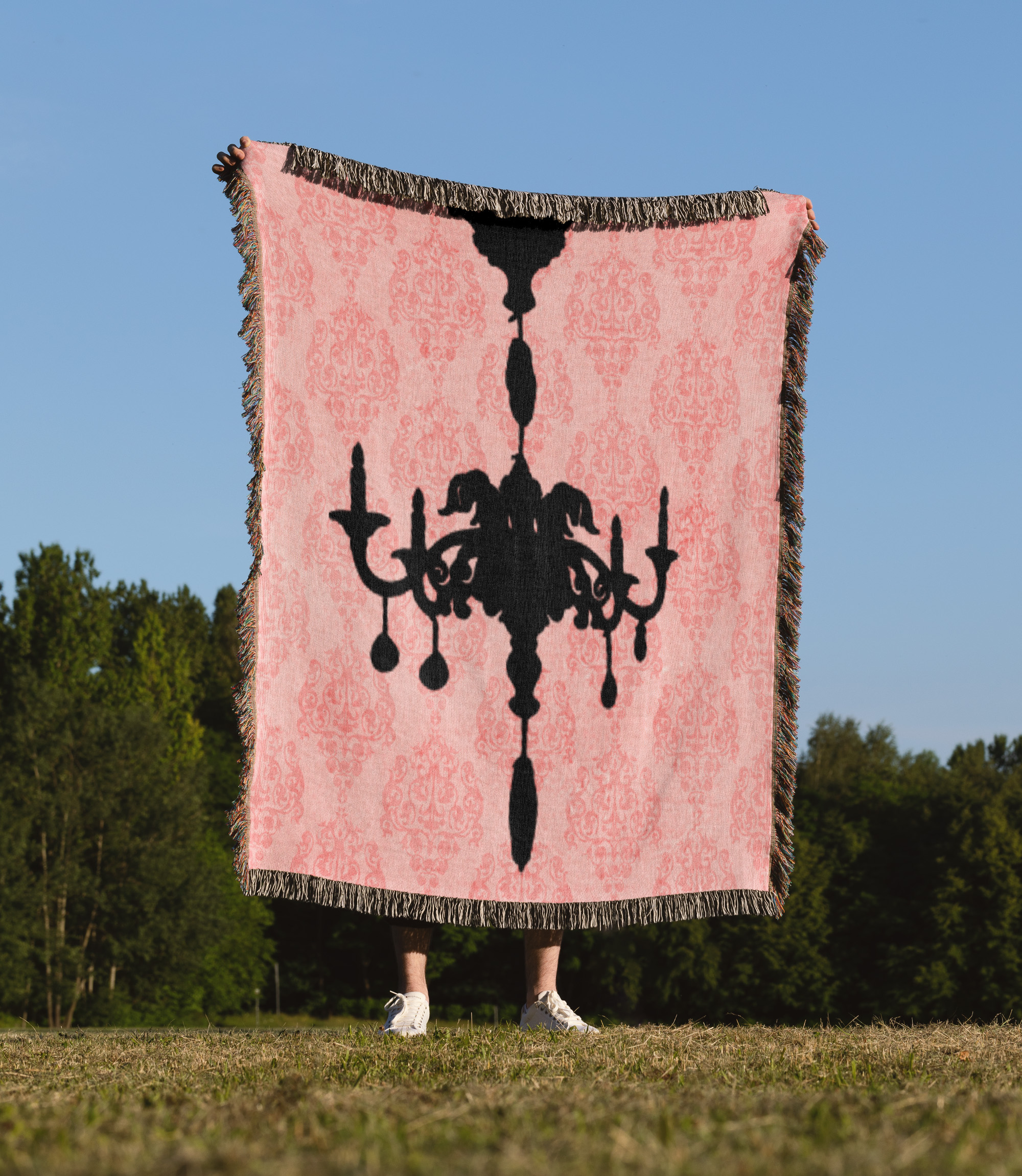 Black Chandelier Against A Pink Damask Background, Woven Blanket