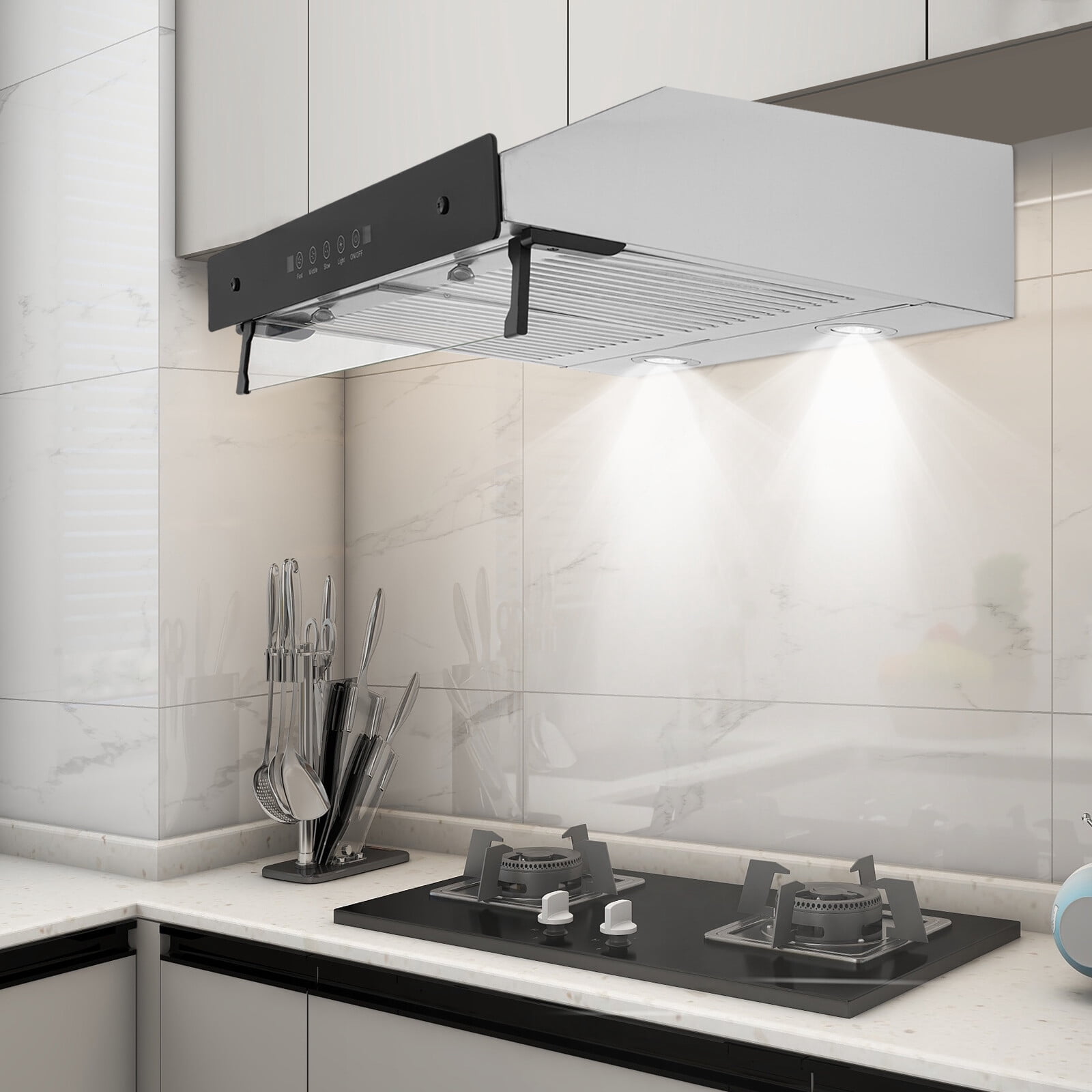 24inch Under Cabinet Range Hood Stainless Steel 900CFM Kitchen Vent Sliver 110-130V  2*200W for Home Kitchens, School Kitchens