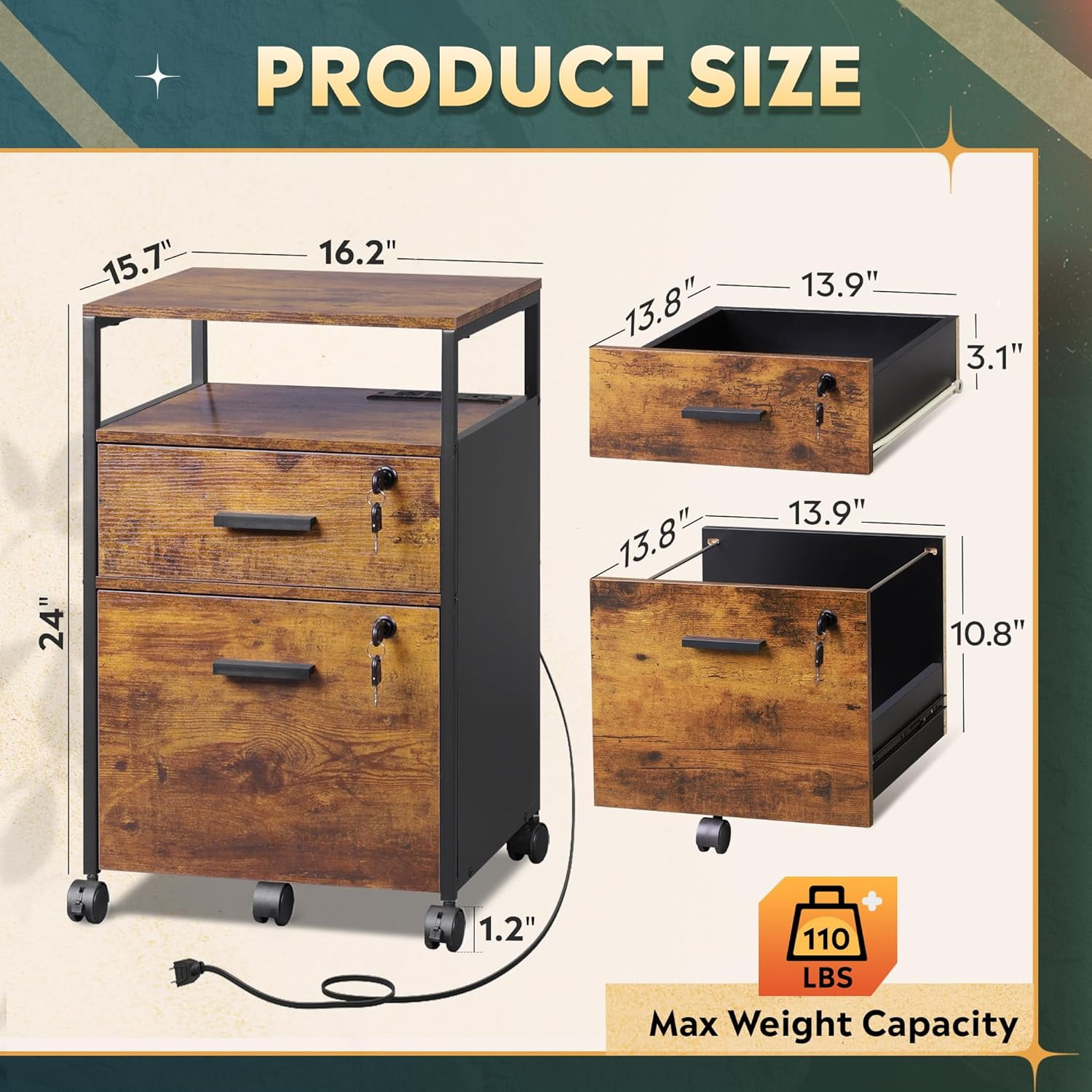 2 Drawer File Cabinet with Lock and Charging Station, Wood Filing Cabinet fits A4 or Letter Size, Mobile Printer Stand with Open Storage Shelf for Home Office, Rustic Brown