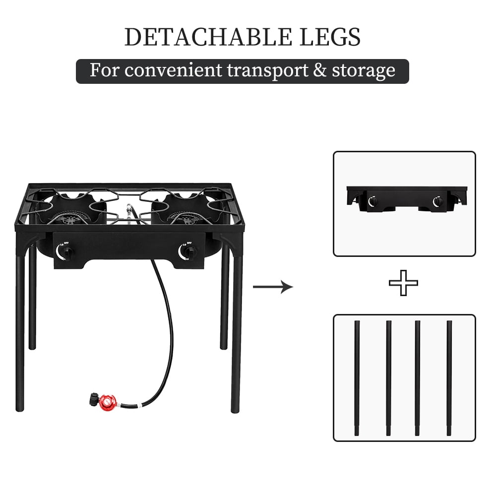 Oufan Outdoor Camp Stove High Pressure Propane Gas Cooker Portable Cast Iron Patio Cooking Burner (Double Burner 150000-BTU),Black