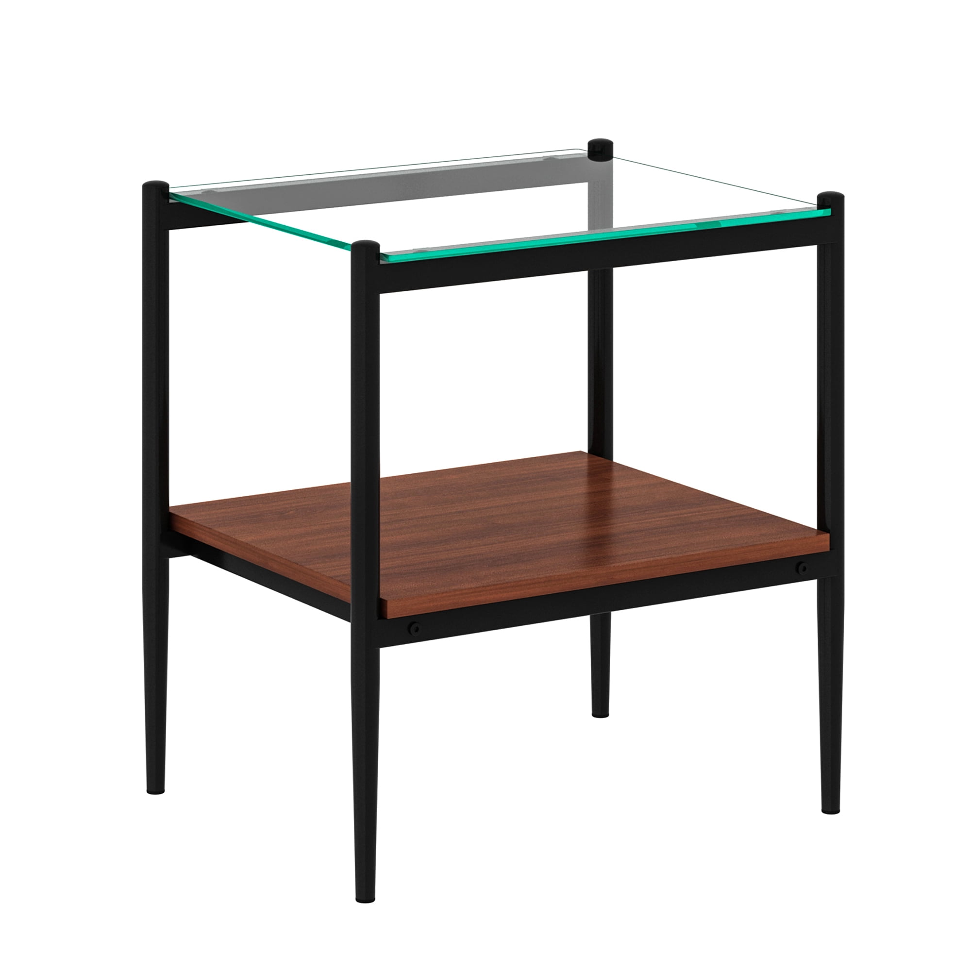 Set of 2 End Tables, Nightstand with Tempered Glass Tabletop, Compact Side Table with MDF Storage Shelf and Sturdy Iron Legs, Easy Assembly for Bedroom or Living Room, Transparent Glass Finish