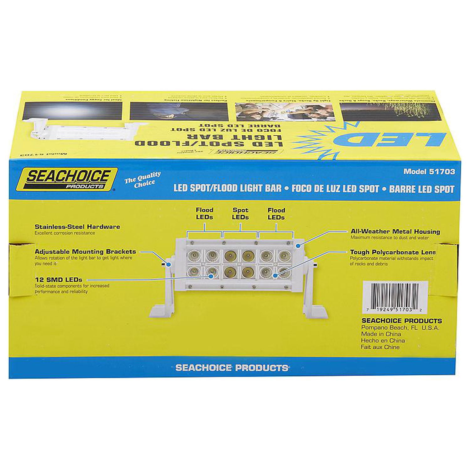 Seachoice 51703 Aluminum 8" LED Spot Light Bar, Flood Beam, White