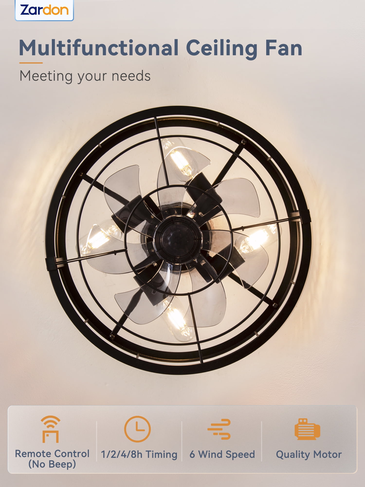 Zardon 16.5 inch Caged Ceiling Fan with Light and Remote Control, Black Farmhouse Ceiling Fans for Kitchen, Bedroom, Indoor, 6 Speed, Quiet, Timing