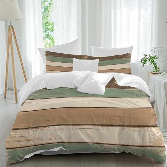 3 Piece Farmhouse Sage Green Brown Duvet Cover Set Queen Size, Microfiber Comforter/Quilt Cover with Corner Ties and 2 Pillowcases, Country Vintage Wooden All Season Soft Bedding with Zipper Closure