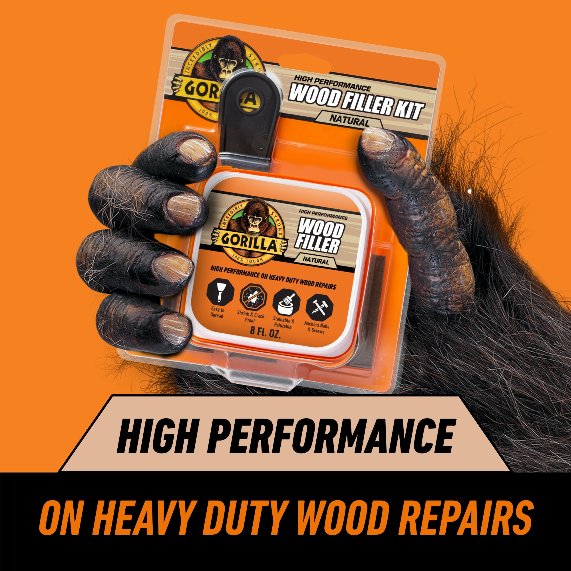 Gorilla Wood Repair Kit with Filler, 3" Putty Knife and Sanding Block, Water Resistant