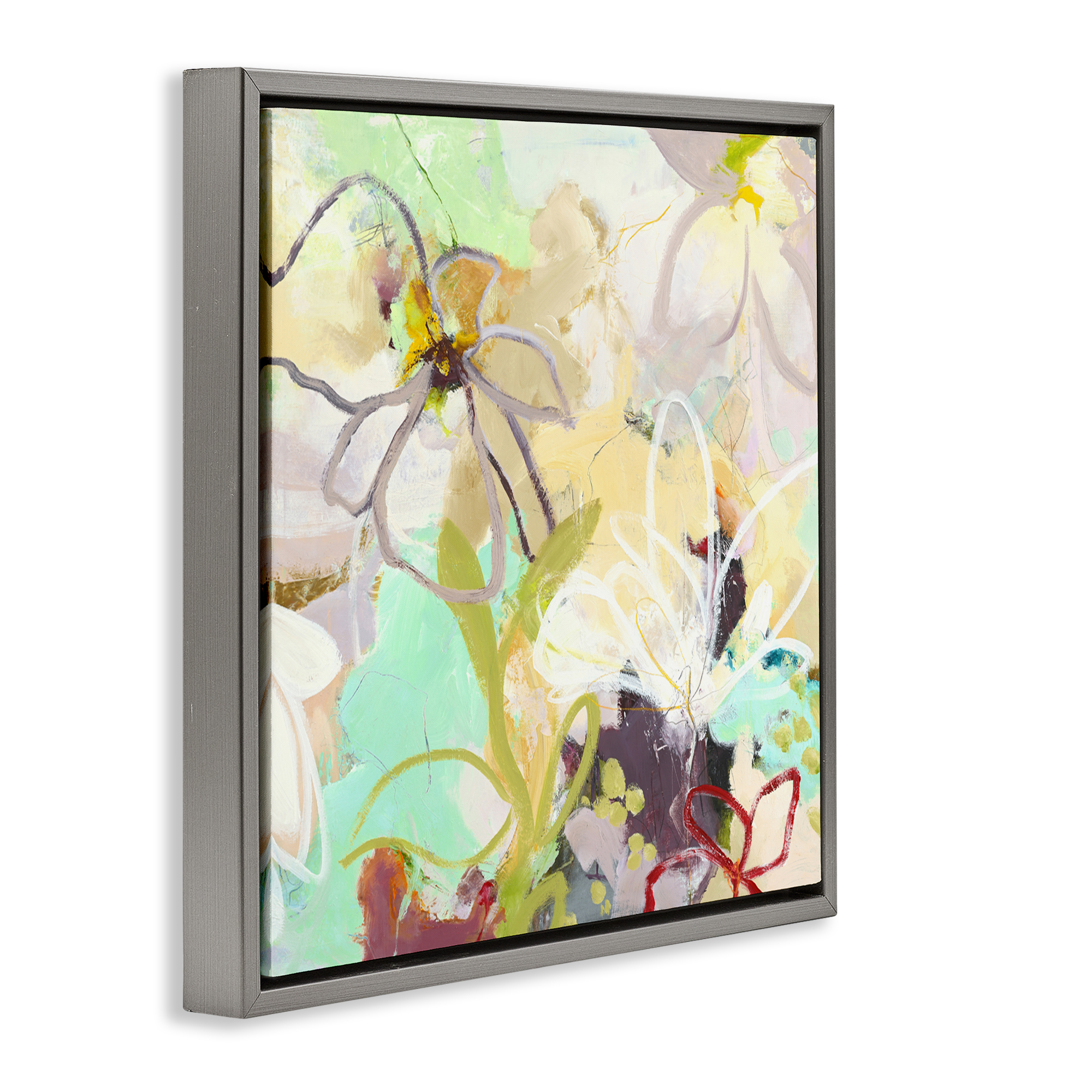 Last Days Of Spring Abstract Gray Framed Floater Canvas Wall Art, design by Design Fabrikken