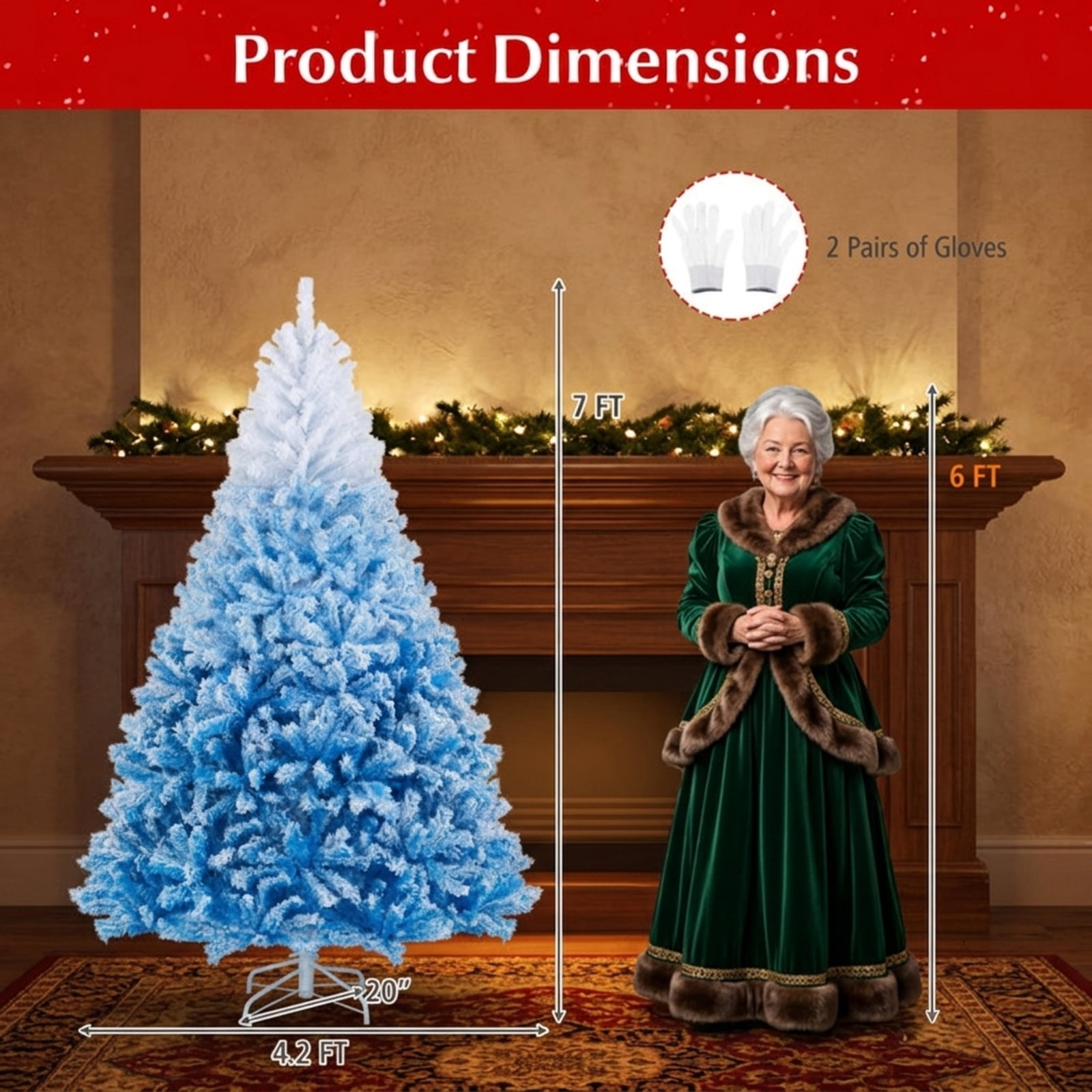 RUIE 7FT Snow Flocked Artificial Christmas Tree, White & Blue Gradient Hinged Xmas Tree with 1264 Branch Tips and Folding Metal Stand for Holiday