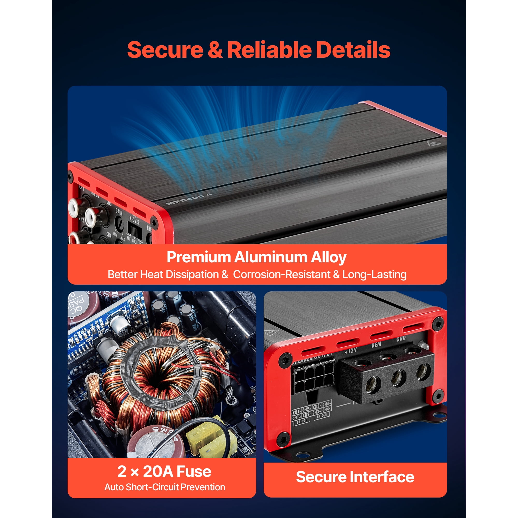KFFKFF 4 Channel Car Audio Amplifier, 2 Ohm Stable, Bridgeable Class D Full Range Amp, Max Power 4 x 272W @ 4 Ohm / 4 x 400W @ 2 Ohm for Vehicles