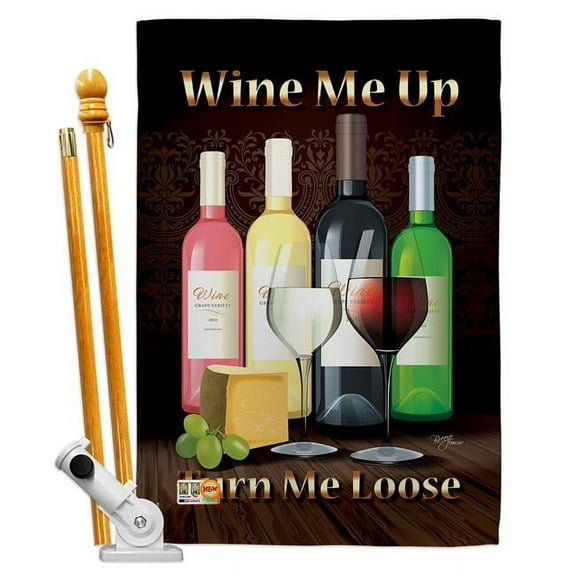 Breeze Decor BD-WI-HS-117030-IP-BO-D-US13-BD 28 x 40 in. Wine Me Up, Turn Loose Happy Hour & Drinks Impressions Decorative Vertical Double Sided House Flag Set with Pole Bracket Hardware
