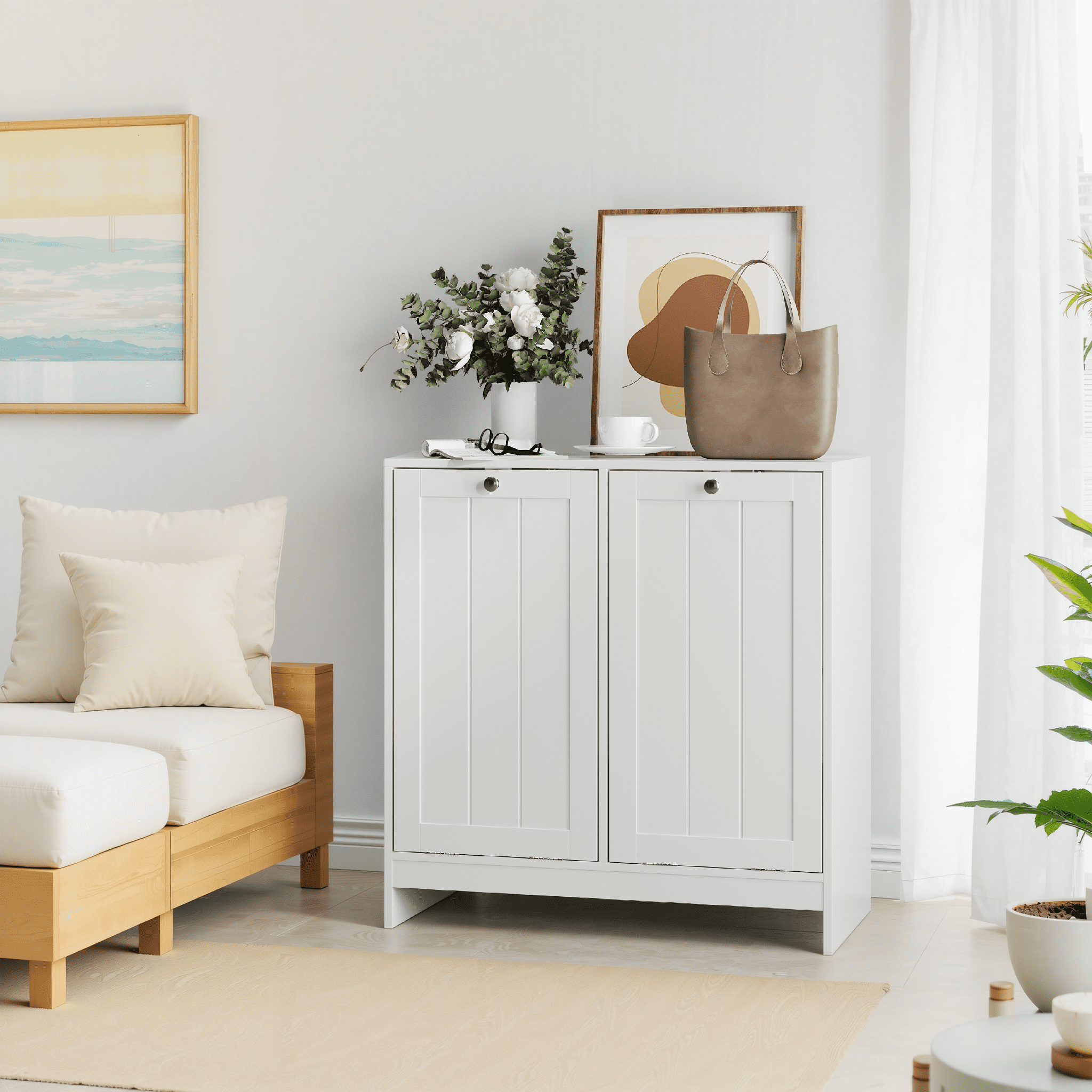 Hidden Laundry Hamper Cabinet with Tilt-Out Removable Basket