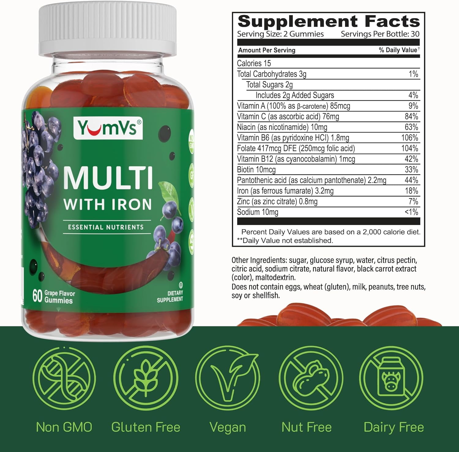 YUM-V's Multivitamin with Iron Gummies Multi Vitamins for Adults, Grape 2-Pack at 60 Pcs./Pack
