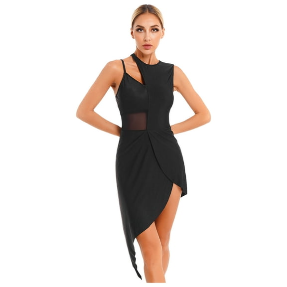 HULIJA Women Long Sleeve Lace Patchwork Lyrical Dance Costume Figure Skating Dresses Black-A L