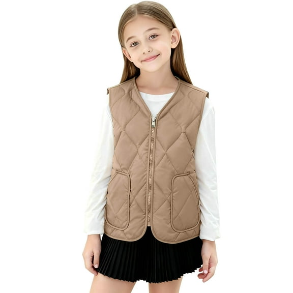 Efsteb Girls Winter Zipper Puffer Vest Fleece Lined Sleeveless Outerwear Quilted Vests Warm Padded Jacket with Pockets (Khaki,9-10 Years)