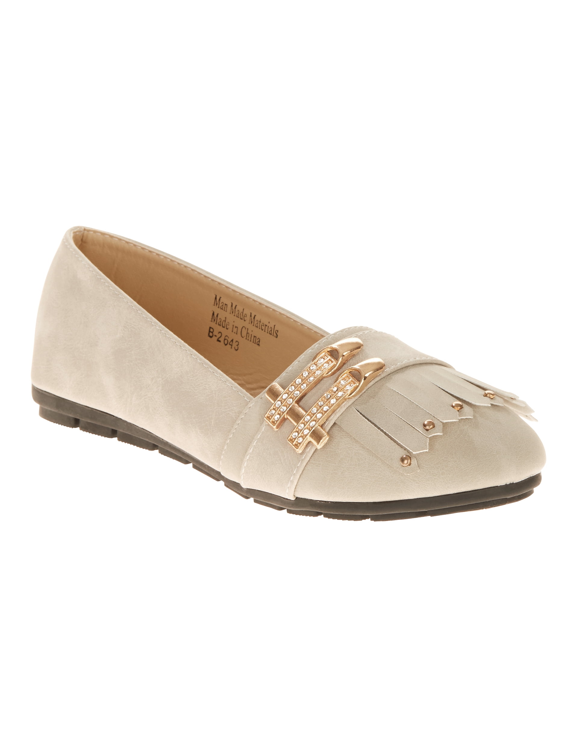 Victoria K Womens Soft Textured Material With Side Buckle Ornament And Fringes Ballerina Flats