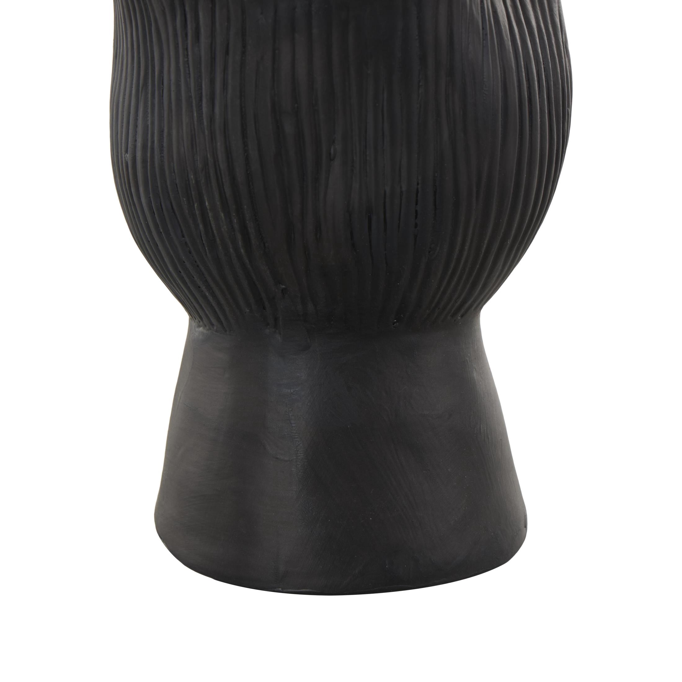DecMode 8" Abstract Floral Inspired Black Ceramic Vase with Wavy Folded Rim and Linear Grooves