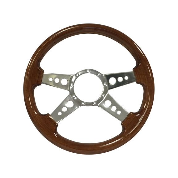 VSW 14 inch Walnut Finished Wood Steering Wheel, 9-Bolt Billet Aluminum 4-Spoke Holes, 2 inch dish, ST3082