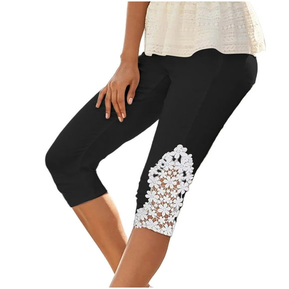 3/4 Pants for Women with Lace Stitching Detail, Solid Color, Regular Length, Polyester Fabric, Casual Style, Military Green