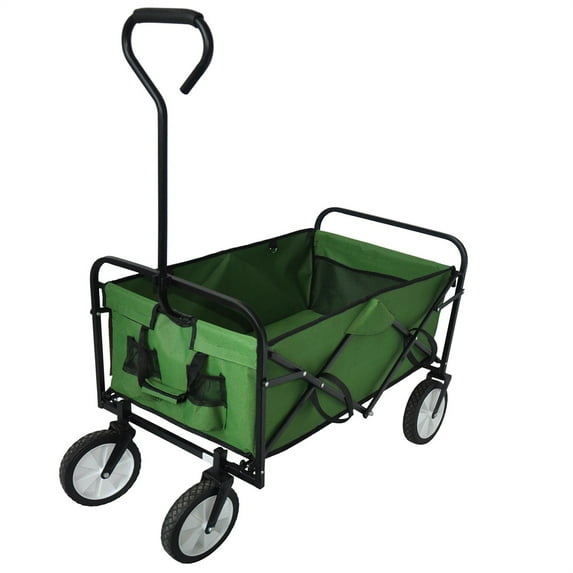 Folding Wagon Cart, Outdoor Camping Cart Garden Beach Cart with 2 Mesh Cup Holders & Adjustable Handle, Heavy Duty Hand Cart with Metal Frame & 600D Oxford Cloth, 150LBS Loading Capacity, Green