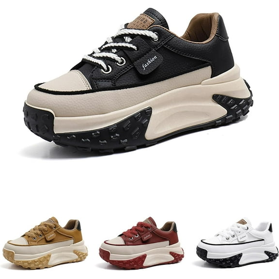 Women's Leather Soft Casual Sneakers,Lace-Up Platform Sneakers,Anti-Slip Shock Absorbing Heighten Fashion Running Sneakers