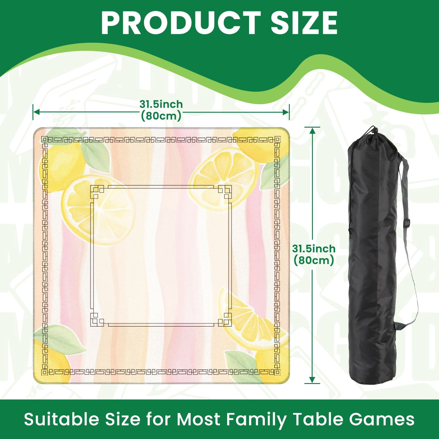 Mahjong Mat 31.5" x 31.5" Bright Lemon Soft Pink Peach Striped Non-Slip Noise Reduction American Mahjong Tiles Table Cover for Dominoes Poker Card Board Games Gift