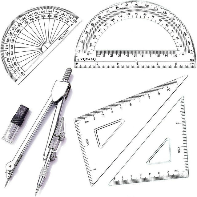 Juego de geometría escolar con compás de calidad, compás de dibujo, transportador, escuadras y reglas triangulares (5 unidades, plateado)