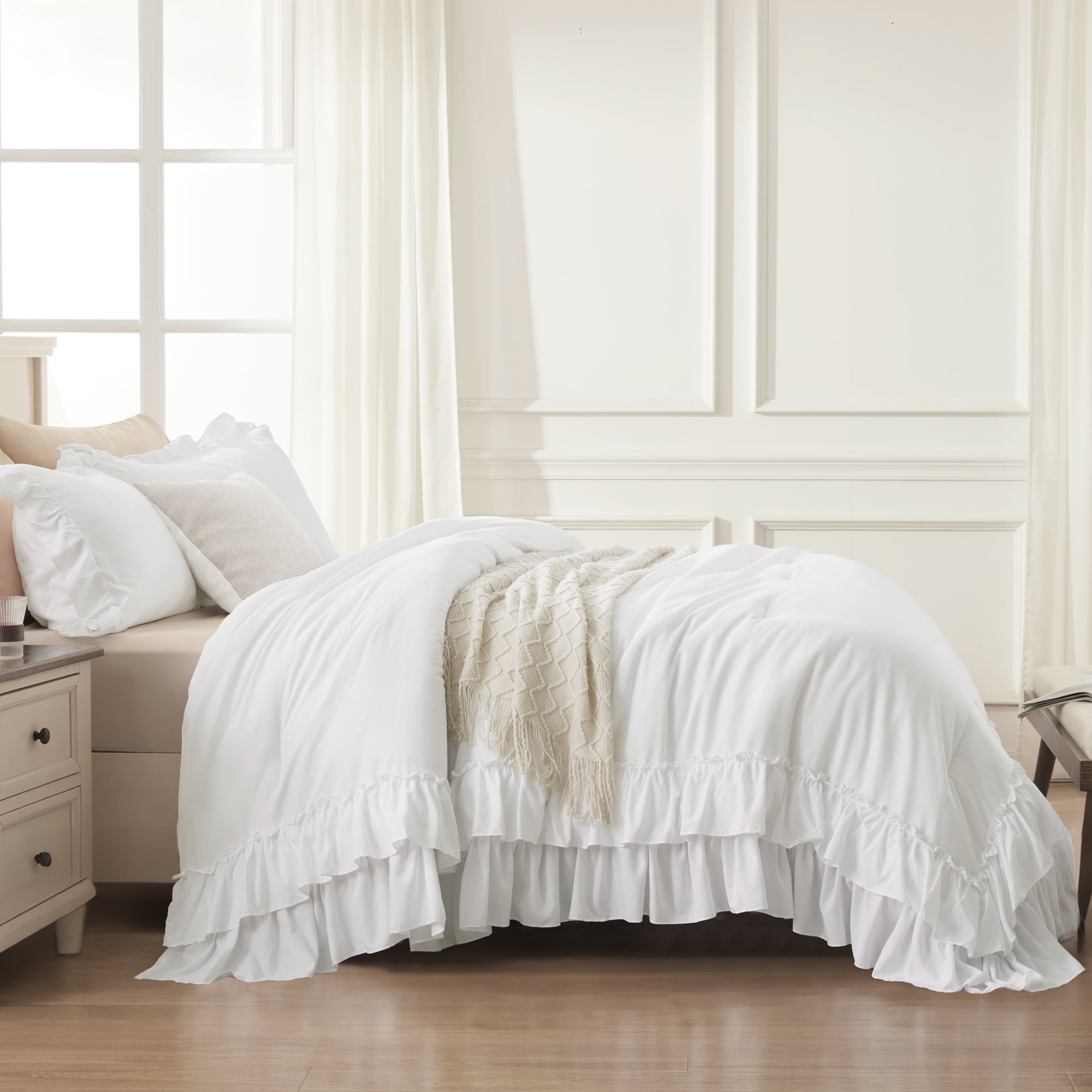 ANGENIA Full Size Comforter Set White - 3 Pieces Soft Cozy Fluffy Ruffle Bedding Comforter Sets, All Season Lightweight Farmhouse Down Alternative Bed Set for Girls Teens Boys Kids