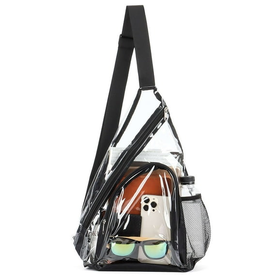 Deago Clear PVC Sling Bag Stadium Approved Clear Shoulder Crossbody Backpack for Hiking, Stadium or Concerts (Black)