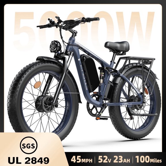 FENGQS 5000W Electric Bike for Adults, 52V 1196Wh Battery, 26"x4" Fat Tyre, Dual Hydraulic Disc Brake, Dual Motor Ebike, Full Suspension, 45MPH 100 Miles Maximum Range, UL 2849, Gray Blue