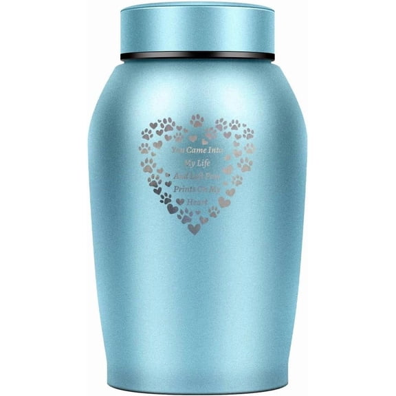 6cm Diameter Stainless Steel Urn Sky Blue Paw Print Love Column Pet Urns Small Engraved Animal Memorial Keepsake Ash Holder Urns with Velvet Drawstring Bags for Human Pet Dog Cat Ashes